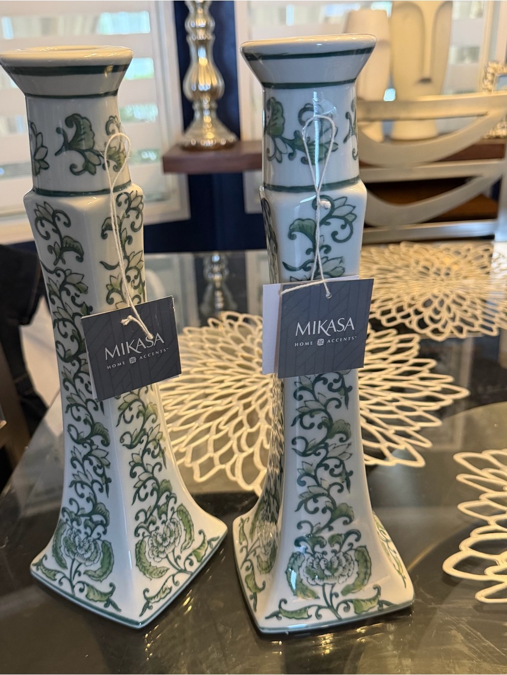Mikasa White Ceramic Candlestick Pair with Green Floral Scrolls
